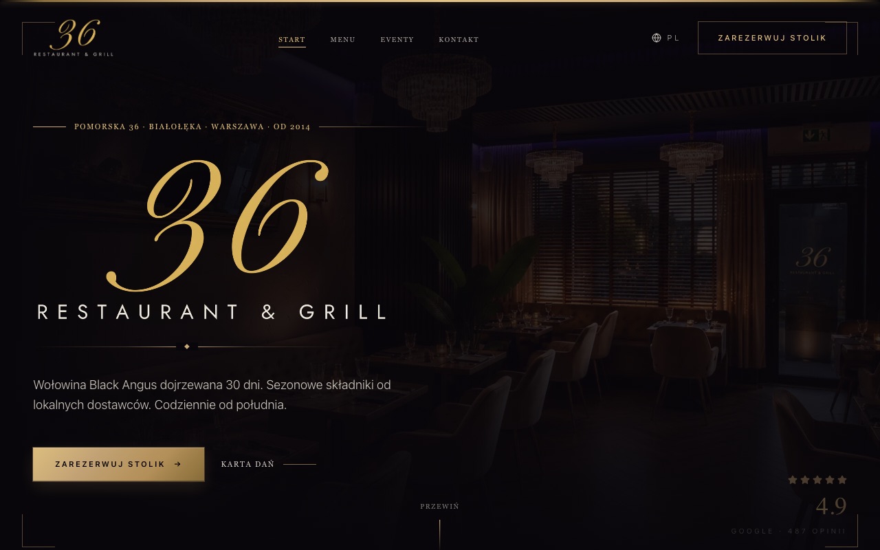 Screenshot of the 36 Restaurant & Grill website